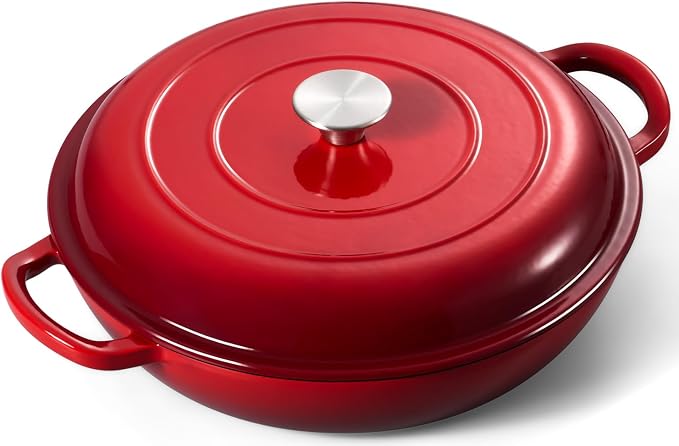 Leonyo 3.6QT Cast Iron Braiser Shallow Dutch Oven with Lid, Red | Nonstick Enameled Cast Iron Casserole Skillet, Cast Iron Cookware Shallow Dutch Oven with Lid for All Cooktop, Oven Safe