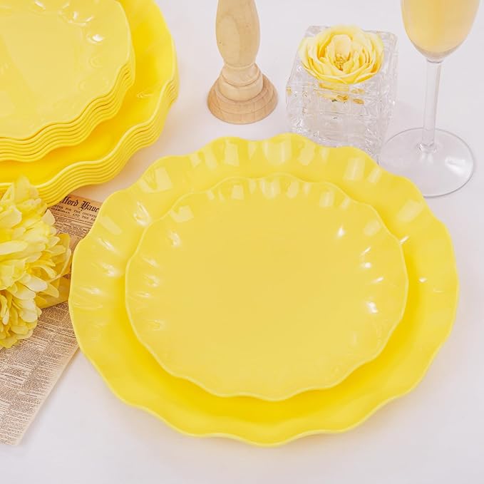 LIYH 24Pcs Yellow Plastic Plates Reusable, Dinner And Salad Set For Parties | Heavy Duty Scalloped Unbreakable Tableware, Reusable Or Disposable Style For Spring Picnics, Birthdays, Holiday Dinners
