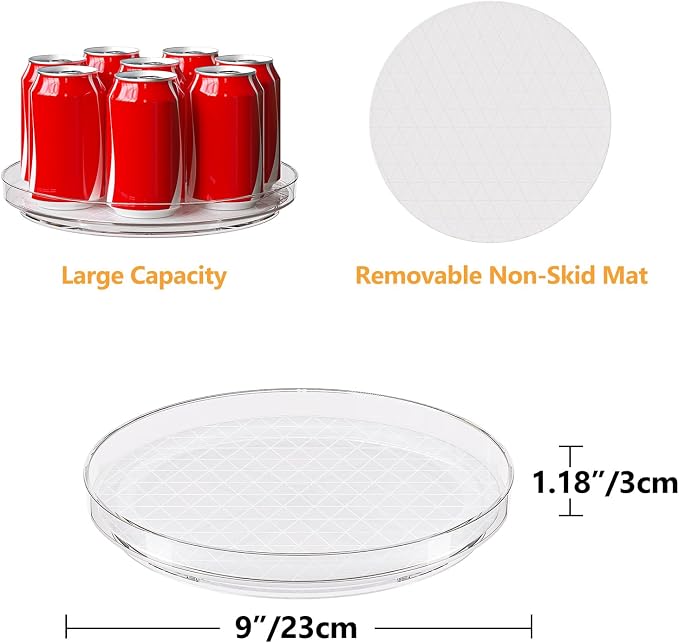 2 Pack Lazy Susan Turntable Organizer with Non-Slip Mat, 9 Inch, Clear | 360 Rotating, Easy Clean, Spice Rack for Kitchen Counter, Pantry Cabinet, Fridge, Spinning Tray for Bathroom, Makeup Vanity