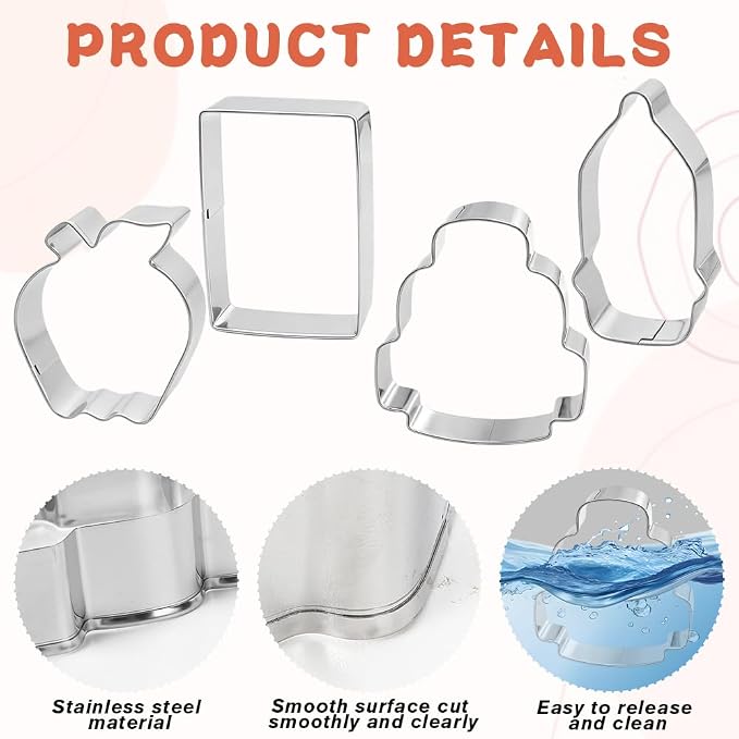 Back to School Cookie Cutters, 4 Pcs Stainless Steel Themed Shapes with School Bag Book Apple Pencil Cookie Cutter Sets Biscuit Molds Cake Cheese Fruit Cutter for DIY Home Classroom Baking Kit