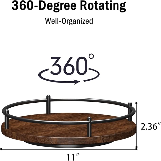Lazy Susan Organizer：11 Inch Black Wooden Turntable Holder for Pantry&Dinning Table Rotating Round Spice Rack for Dresser Makeup, Counertop, Home&Kitchen