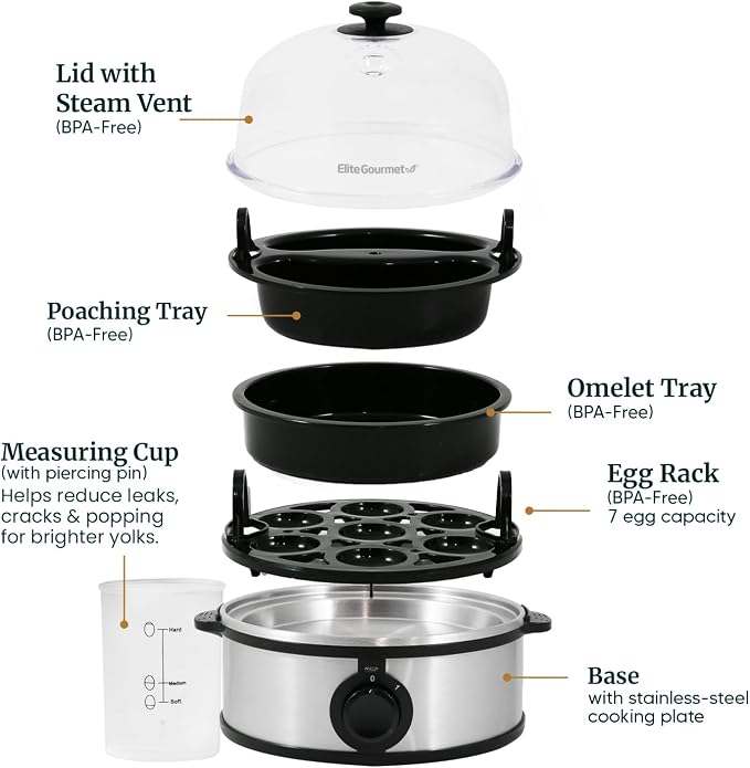 Elite Gourmet EGC648 Egg Boiler Cooker, 7-Egg Poacher/Omelet Maker, Steel | Cooks soft, medium, or hard-boiled eggs, also scrambles - auto shut-off with buzzer - measuring cup included - BPA-free