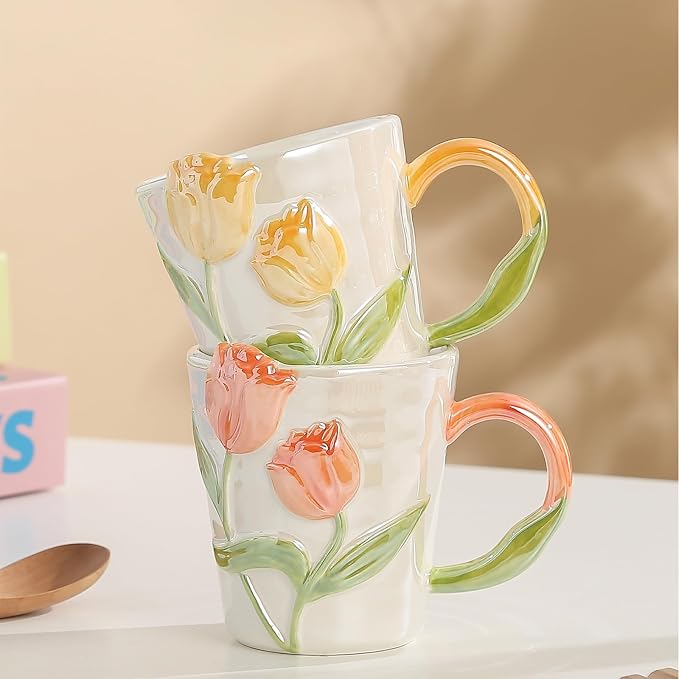 Tulip Flower Ceramic Mug 11.8Oz, Handmade Cute Coffee Tea Cup for Women, Unique Gift for Flower Lovers Mom Friend, Christmas Birthday Surprise, Yellow
