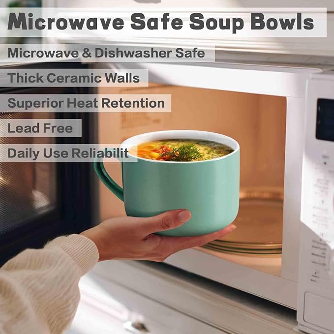 Soup Bowls with Handles & Spoons, 30oz Ceramic Ramen Bowl with Lid, Large Soup Mugs/Cups for Instant Noodle, Big Cereal Bowls for Oatmeal, Soup Containers with Lids, Set of 2, Teal Blue