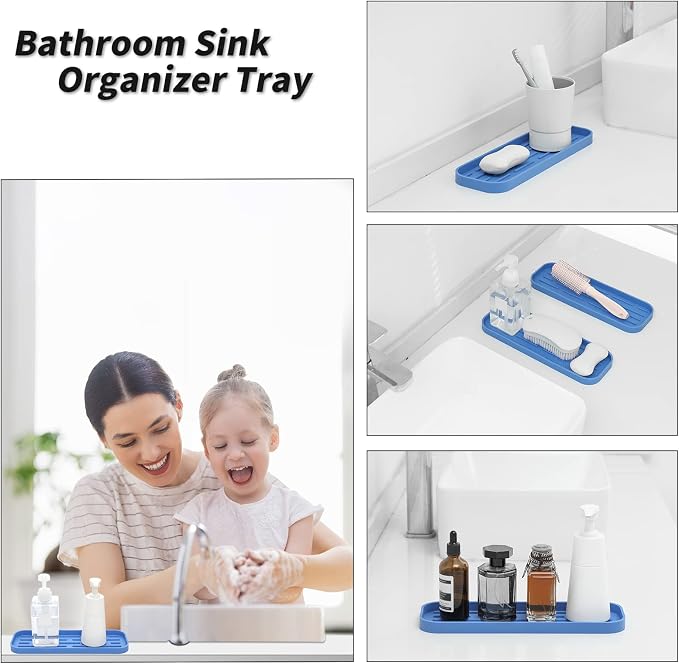 MicoYang Silicone Kitchen Sink Organizer Tray for Multiple Usage,Eco-Friendly Sponges Holder for Kitchen Bathroom Counter or Sink,Dish Soap Dispenser,Scrubber,Bottle,Cup (Lichen Blue, 12"×4")