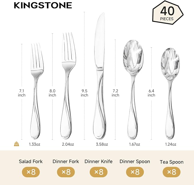 40-Piece Silverware Set Service for 8, Heavy Duty Stainless Steel Flatware Set,Cutlery Set for Home Kitchen Restaurant Wedding, Dishwasher Safe