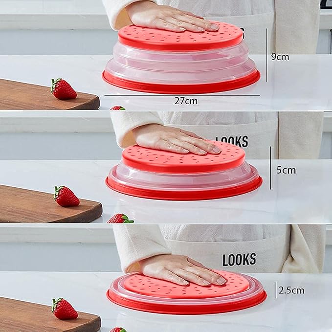 Collapsible Microwave Cover for Food Microwave Splatter Cover Fruit Drainer BPA-Free Dishwasher Safe 10.5 inch, GREY&RED