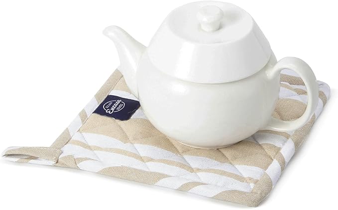 Encasa XO Pot Holders, Quilted Kitchen Hot Pads 8"x8" Franca Beige Stripes | 100% Eco-Friendly Cotton | Thick Cotton Padding Insulation | Convenient Hanging Loop | Set of 2