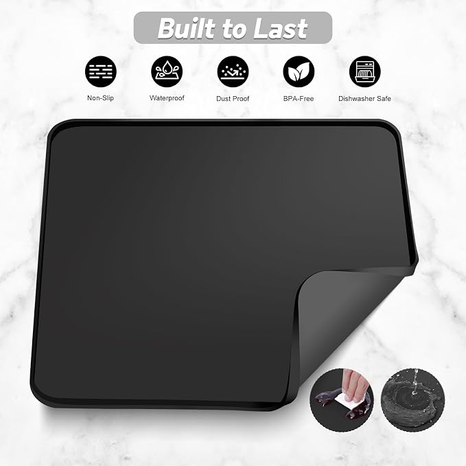 Garolue Silicone Coffee Mat,16"×16" Waterproof Heat Resistant Bar Mat for Espresso Machine Station Accessories,Non Slip Dish Drying Mat for Kitchen Counter,Home Decor Essentials,Black