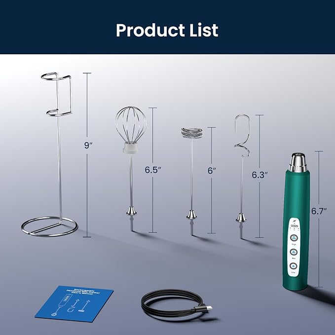 Milk Frother Wand Rechargeable Handheld Electric Whisk 3 Speed Adjustable | Coffee Frother Wand with 3 Stainless Whisks Electric Foam Maker Drink Mixer Blender for Latte Cappuccino Matcha Egg