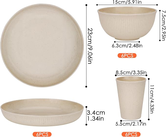 Wheat Straw Dinnerware Sets for 6 People 18pcs Camping Plates and Bowls Set | Unbreakable Dish Set Reusable Picnic Set, 23cm Plates, 350ml Cups, 15cm Bowls, Microwave and Dishwasher Safe