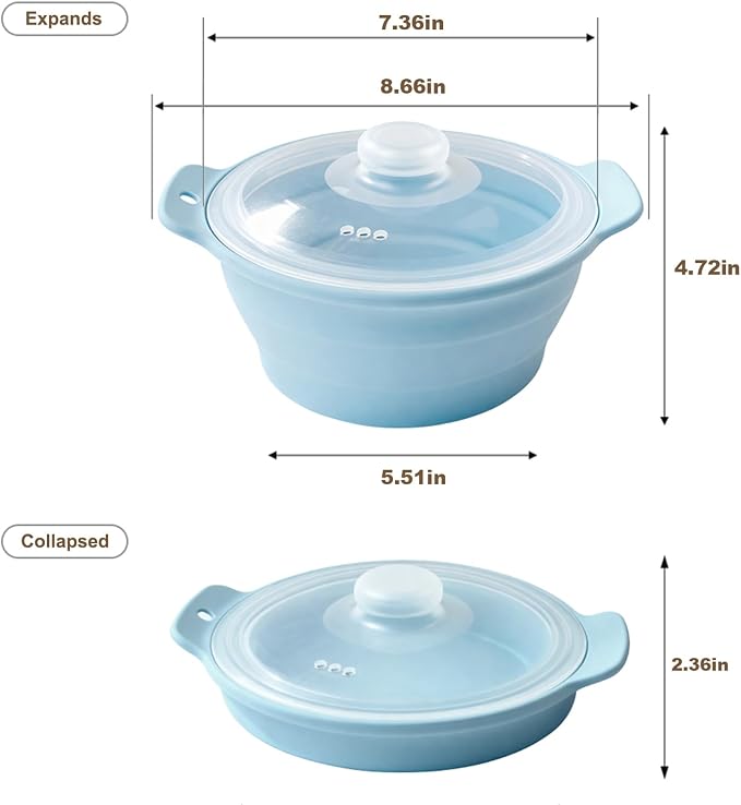 42oz Silicone Microwave Steamer For Cooking, Collapsible Food Steamer For Vegetable, Seafood, Soup, Leftovers, Rice Cooker, BPA Free Small Steam Pot with Handle & Lid, Dishwasher Safe (Blue), 1 Pack