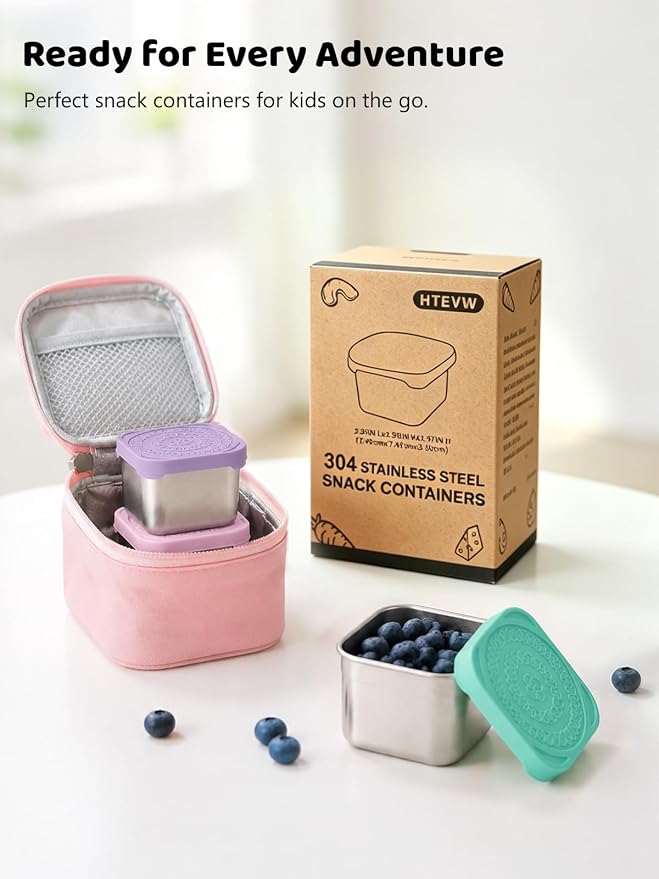 HTEVW 6 Pack Stainless Steel Snack Containers for Kids, 6 oz Food Container | Reusable leak resistant silicone lids food containers . Perfect for school lunch, daycare, travel and portion control.