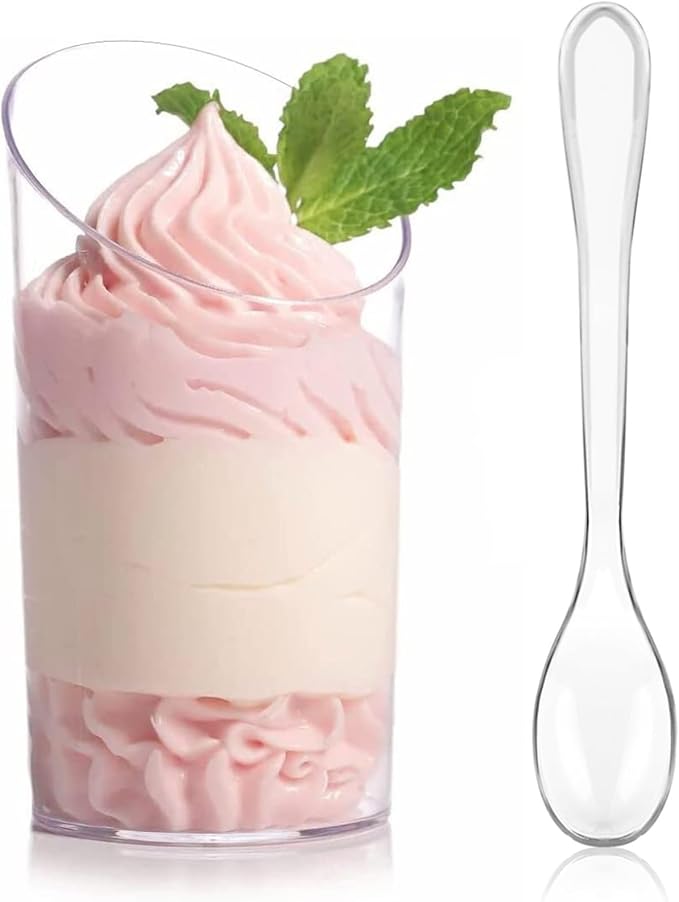 100 Pcs 2.2 oz Mini Dessert Cups with Spoons, Serves 50 | Small Plastic Dessert Shooter Cups, Parfait Shot Glasses, Slanted Tiny Cups for Cheesecake, Mousse, Pudding, Jello, Triffle