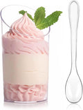 100 Pcs 2.2 oz Mini Dessert Cups with Spoons, Serves 50 | Small Plastic Dessert Shooter Cups, Parfait Shot Glasses, Slanted Tiny Cups for Cheesecake, Mousse, Pudding, Jello, Triffle