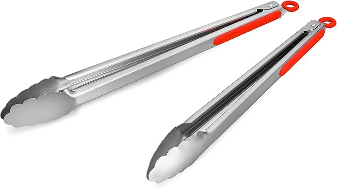 304 Stainless Steel Kitchen Cooking Tongs, 14 & 16 Inch, Set of 2, Red | Locking Food Tongs with Non-slip Grips and Hanging Loops for Cooking, Grilling, BBQ and Serving, Dishwasher Safe