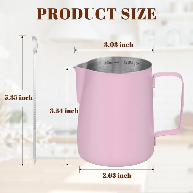 Amrules Milk Frothing Pitcher 12oz Frother Cup Barista Tools, Pink | 18/8 Stainless Steel, 12oz Capacity with Clear Scale, with Decorating Pen, Ergonomic Handle, for Cappuccino, Latte & Espresso