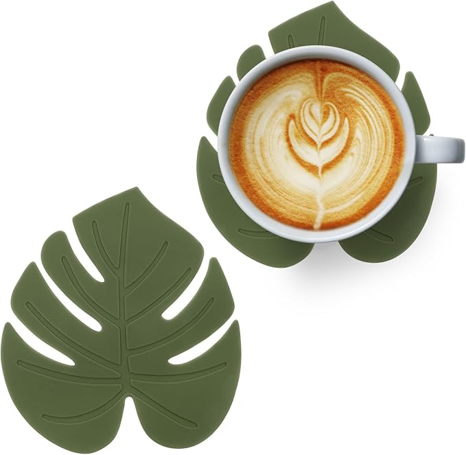 2 Pcs Plant Leaf Coaster, Cute Green Leaf Silicone Heat-Resistant Drink Trivet Mats Non-Slip Cup Pads for Table Countertop Kitchen Home Office Decor(4.13×4.72 Inch)