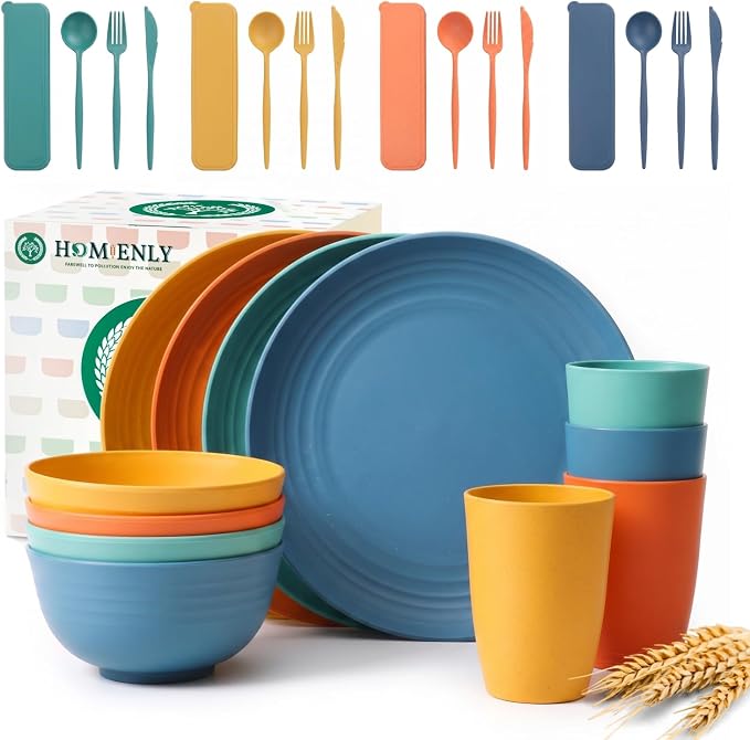Wheat Straw Dinnerware Sets 28 PCS Lightweight Plates and Bowls Sets Unbreakable Microwave & Dishwasher Safe Dish Set with Utensils Reusable Dishes Set for Kitchen, Camping, RV, Party (Multi)