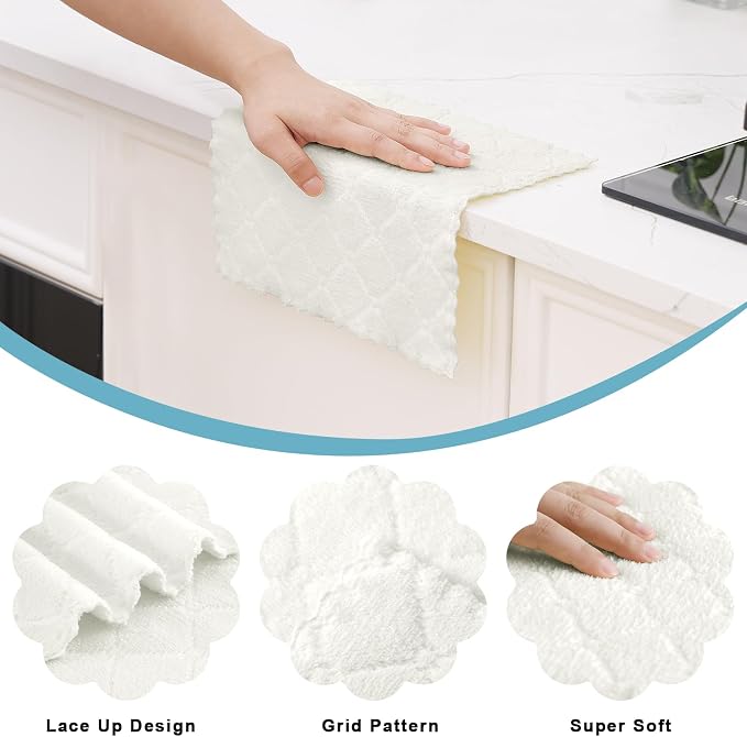 Homaxy 12 Pack Super Soft & Absorbent Dish Cloths, 10" x 10", White | Coral Velvet, Nonstick Oil Fast Drying Microfiber Cleaning Cloth, No Lint Household Dishcloths