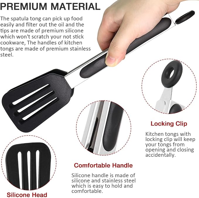 9 Inch Kitchen Tongs with Silicone Tips Set of 3(Black) | Stainless Steel Handle, Non-Scratch, Heat Resistant