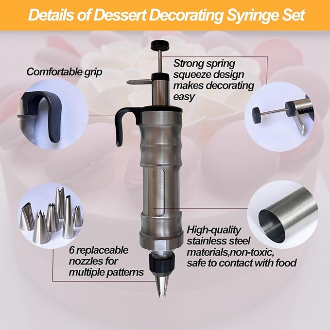 Dessert Decorating Piping Syringe Set Cake Decorating Tool | Cookie Gun Press, 6 Piping Icing Nozzles, For Baking, Cupcake, Deviled Eggs, Icing Decoration Gun, Frosting Piping Kit