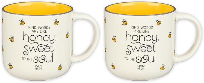 Christian Art Gifts Large Ceramic Coffee & Tea Mug for Women: Kind Words are Like Honey Inspirational Bible Verse, Cute Microwave/Dishwasher Safe Bumble Bee Cup, Yellow/White, 15 oz. (Pack of 2)