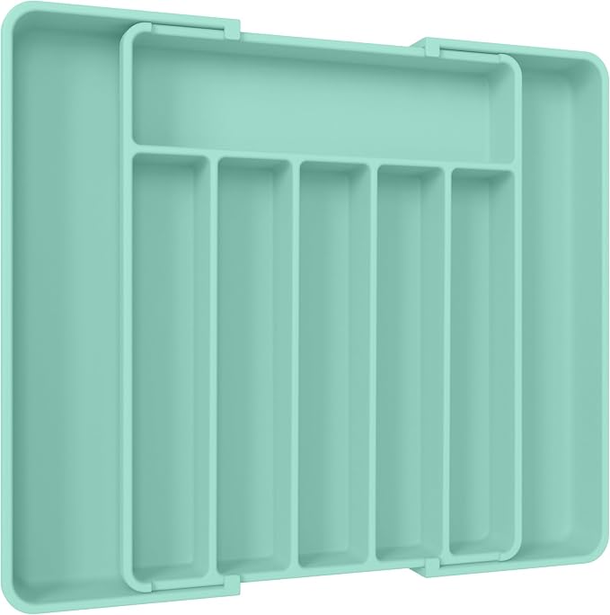 Aujen Silverware Drawer Organizer, Adjustable Utensil Cutlery Tray | Expandable Kitchen Organizer for Forks Knives, Multipurpose Kitchen Storage, Apartment Essentials, Green, Large