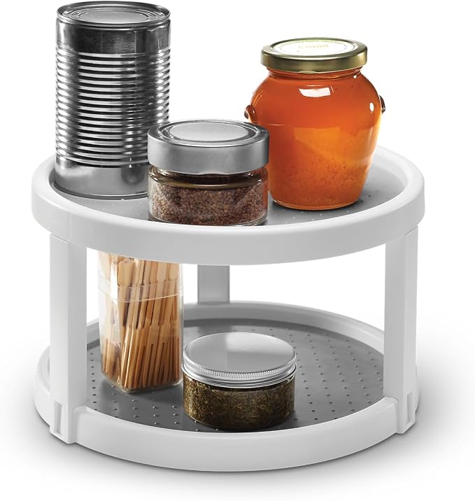 madesmart Classic 10 Inch Two Level Turntable, White | tiered organization, wide base, smooth spinning access, spices snacks bottles, cabinet pantry use, woman owned