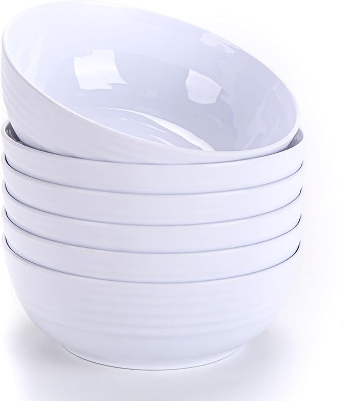 7-Inch Melamine Bowls (Set of 6) - Unbreakable and Reusable Plastic Dinnerware with Ceramic Feel, Stackable and Dishwasher-Safe - Versatile for All Meals (White)