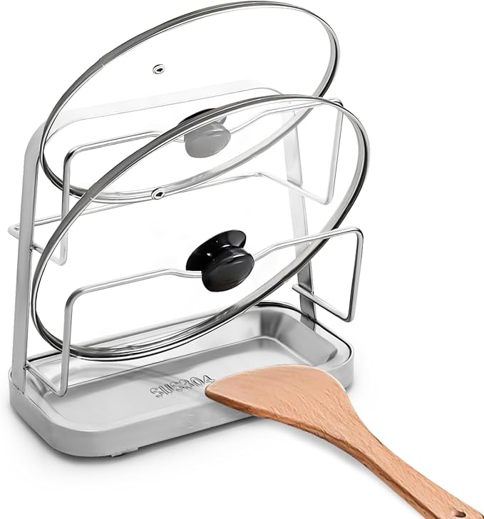 LELE LIFE Pot Lid Holder While Cooking, Pot Lid Organizer 304 Stainless Steel, Pan Cover Spoon Rest and Cutting Board Stand, Pot Lid Rack for Stove Top with Suction Cup & Drip Tray