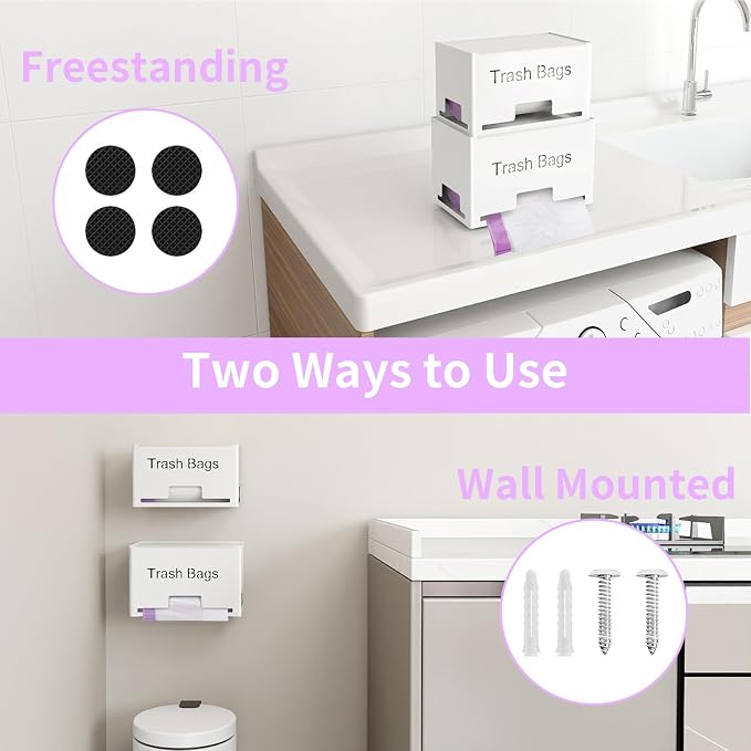 STWWO 2-Pack Trash Bag Holder Dispenser, Stackable Garbage Bag Dispenser | Extra Large Trash Storage Organizer for Kitchen Laundry Under Sink, Wall Mounted or Freestanding, Metal White