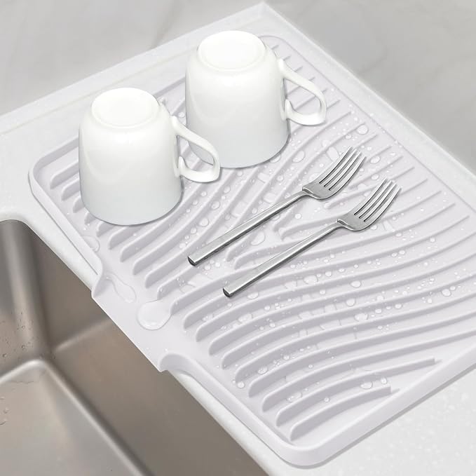 TIKNIK Silicone Dish Drying Mat for Kitchen Counter, White-1pcs, 16" x 12" | Heat Resistant & Non-Slip Dish Drain Pad with Built-In Drain, Dishwasher Safe, Quick-Dry, Hangable & Roll-Up for Storage