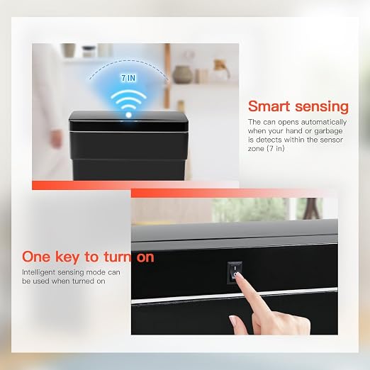 BestOffice 13 Gallon Kitchen Trash Can, Touchless Automatic Lid, Black | Plastic, Hands-free disposal, Odor Control, ,Wipe-clean surface,50Liter for Kitchen, Office, Indoor Use