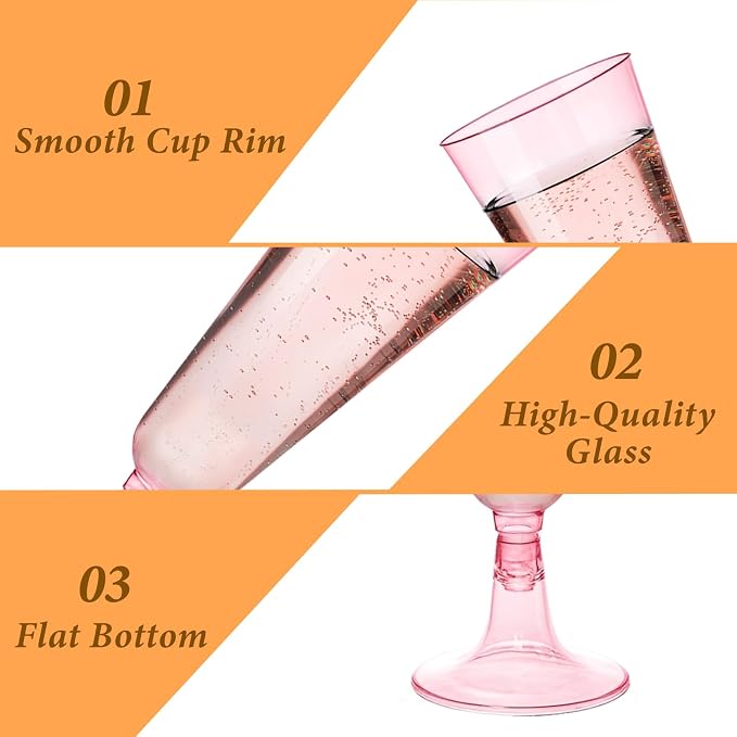 GuanQiao 100 Pack Pink Plastic Champagne Flutes, 5.5 Oz Clear Disposable Plastic Champagne Glasses, Wine Glasses Cups for Wedding Celebration Birthday Party Wine Tasting New Years Eve Party Supplies