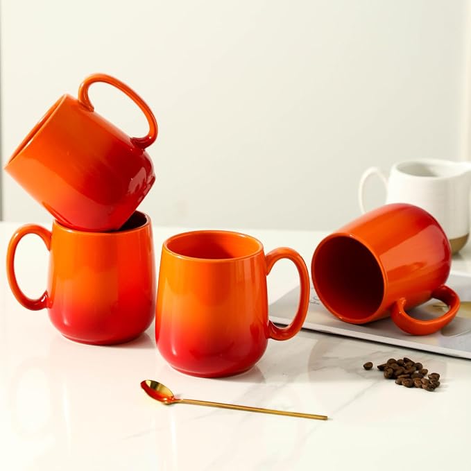 HASENSE Set of 4 Ombre Coffee Mugs, 15oz Large Ceramic Cups – Dishwasher & Microwave Safe, Orange Gradient Cappuccino Latte Tea Handle Cup, Housewarming Gift