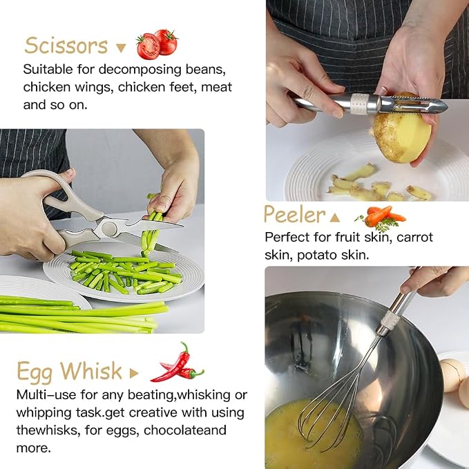 Kitchen Utensil Set-Silicone Cooking Utensils-33 Kitchen Gadgets & Spoons for Nonstick Cookware-Silicone and Stainless Steel Spatula Set-Best Kitchen Tools, Useful Pots (Khaki)