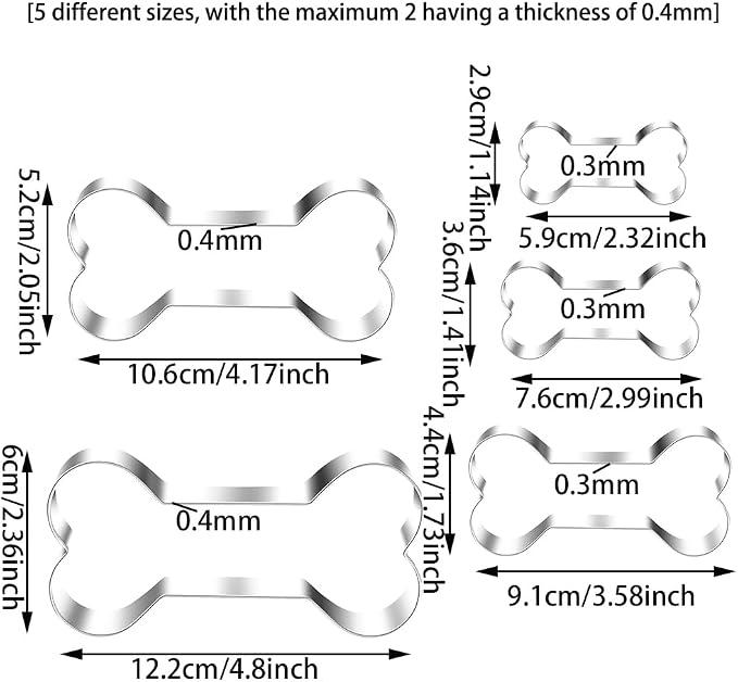 Dog Bone Cookie Cutters, Stainless Steel, 5pc, 2.32-4.8in