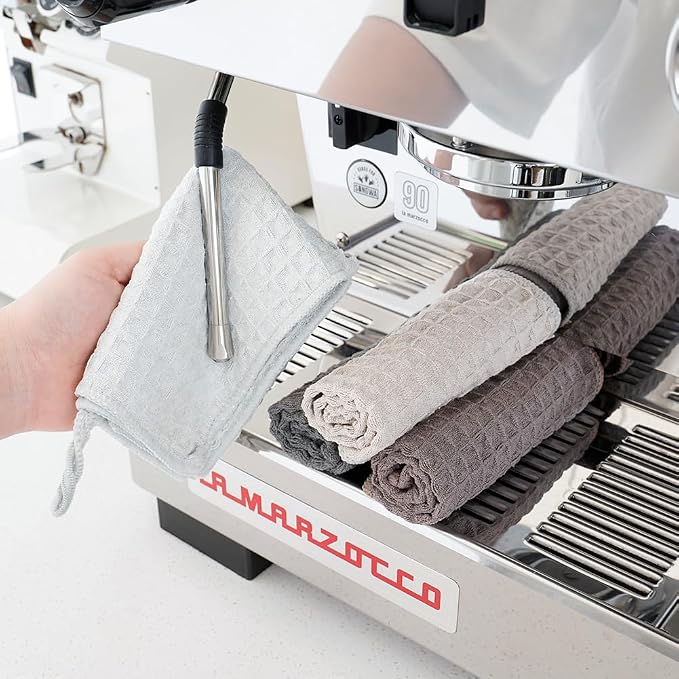 watchget Microfiber Cleaning Cloth,Barista Micro Towels 10 Pack Light Grey | Professional 12"x12" Lint-free Rags;Waffle Weave;Highly Absorbent Cleaning Towels for Espresso Steam Wands&Coffee Counters