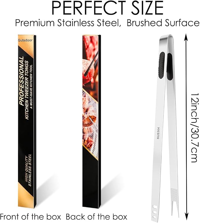 Gutsdoor 12-Inch Professional Kitchen Tweezers Stainless Steel Grill Tongs for BBQ, Grilling, Camping and Home Cooking Multi-Use Precision Cooking Tweezers for Outdoor Grill & Home Kitchens