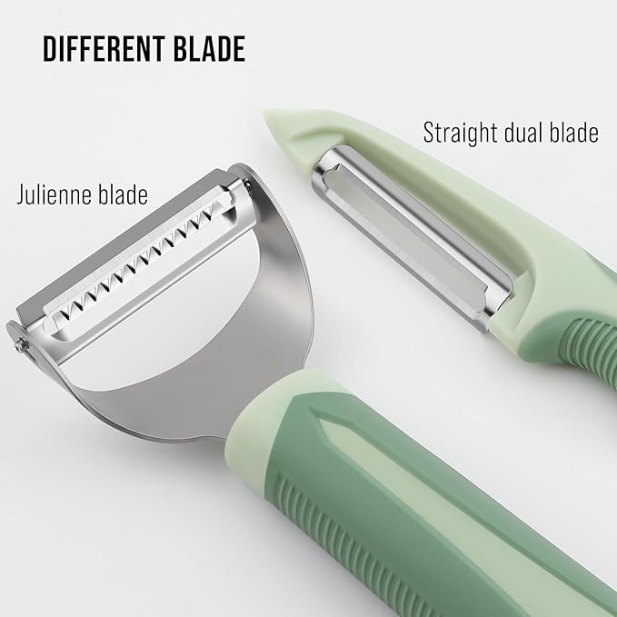 Julienne Peeler Vegetable Peeler with 4.8'' Long Silicone Handle | Non-slip grip & sharp blade; Y carrot shredder -strips for salads & meal prep; Potato peeler -ordinary peeling; 2 Pack; Green