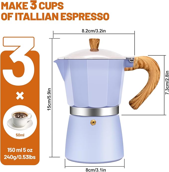 3 Cup Aluminum Espresso Stovetop Moka Pot Express Coffee Maker Percolator Italian Classic Mocha Coffee Machine for Italian and Cuban Cafe Brewing for Home & Camping 150ml 5oz