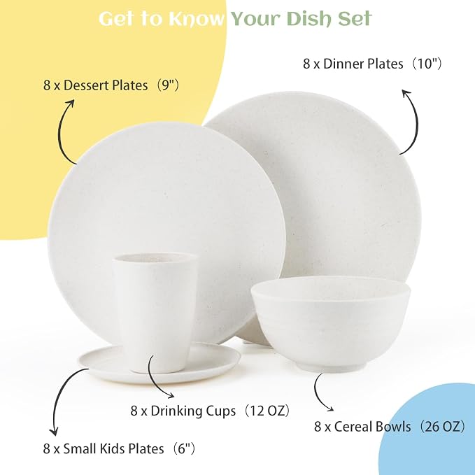 Wheat Straw Dinnerware Set,40-Piece Dish Set for 8, Dinner Plates, Dessert Plate, Cereal Bowls, Cups, Appetizer Plates,Reusable Dinner Plates Kids Plates and Bowls Sets, White