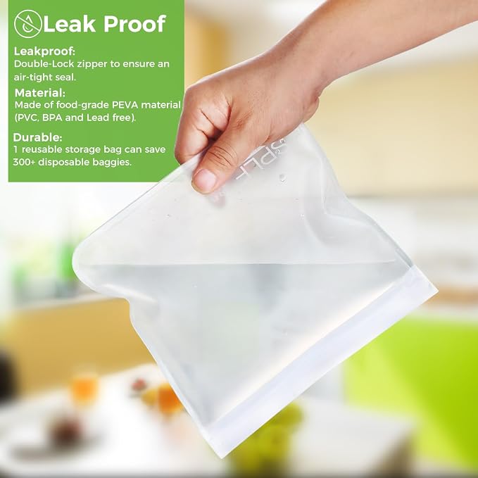SPLF 12 Pack Dishwasher Safe Reusable Food Storage Bags, White | BPA Free Freezer Bags Leakproof Silicone and Plastic Free Lunch Bags Fridge Organization - 5 Sandwich 5 Snack 2 Gallon