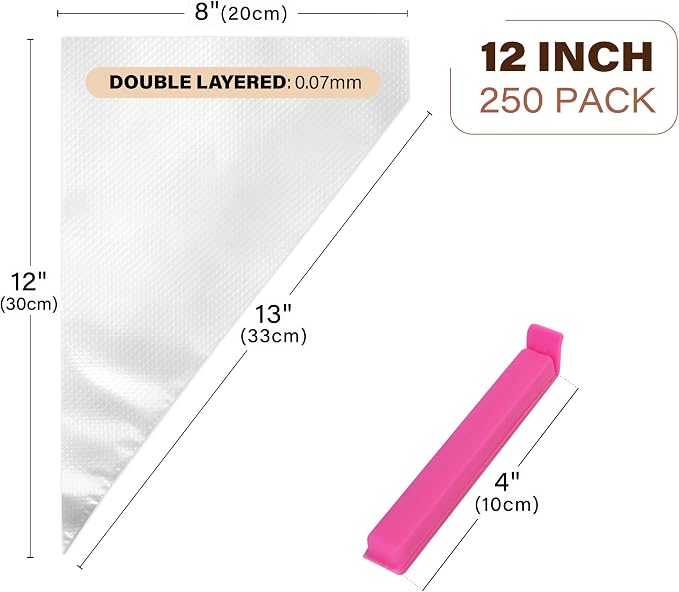 LotFancy 250pcs 12 Inch Piping Bags, Disposable Pastry Bags with 5 Clips | Anti-Burst & Non-Slip Icing Bags, Frosting Bags for Dessert, Pastry, Cookies, Cupcake Decorating