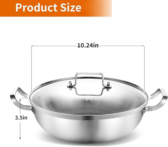 Delarlo Tri-Ply Stainless Steel 11 inch Everyday Pan with Lid, Kitchen Induction Deep Saute Pan,shabu shabu pot High Side Cooking Pot 3.5QT, Oven Safe Stock Pot, Up to 600℉