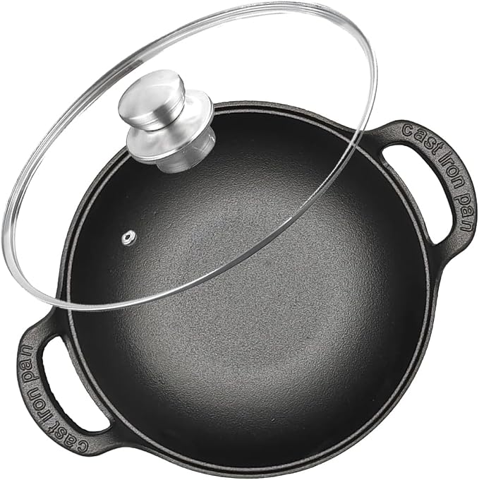 Cast Iron Wok with Dual Handle, Pre-Seasoned Stir-Fry Pans (Wok with Lid 11 inch)