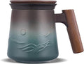 ZENS Tea Mug with Infuser and Lid for Loose Tea Steeper, 14.5oz Blue | Embossed Ceramic Tea Cup with Infuser for Herbal Tea Difussers, Tea Lovers Gifts, Modern Organic Wood Handle