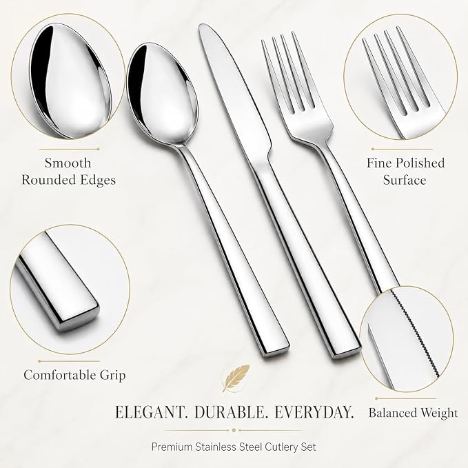 12-Piece Stainless Steel Silverware Set for 4, Mirror Polished Flatware Set Includes 4 Dinner Knives, 4 Dinner Forks & 4 Dinner Spoons, Dishwasher Safe Cutlery Set for Home Kitchen Restaurant