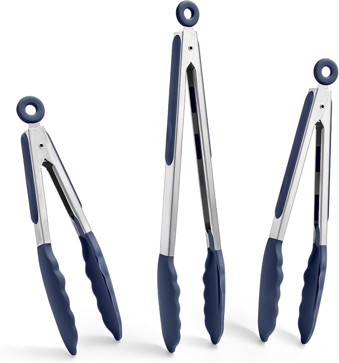 Doosu Kitchen Tongs with Silicone Tips for Cooking Serving (3Pcs, Navy) | 600°F Heat Resistant Food Tong, Heavy Duty Stainless Steel Locking Tong for BBQ, Grilling Steak, Salad, Toast, Pasta